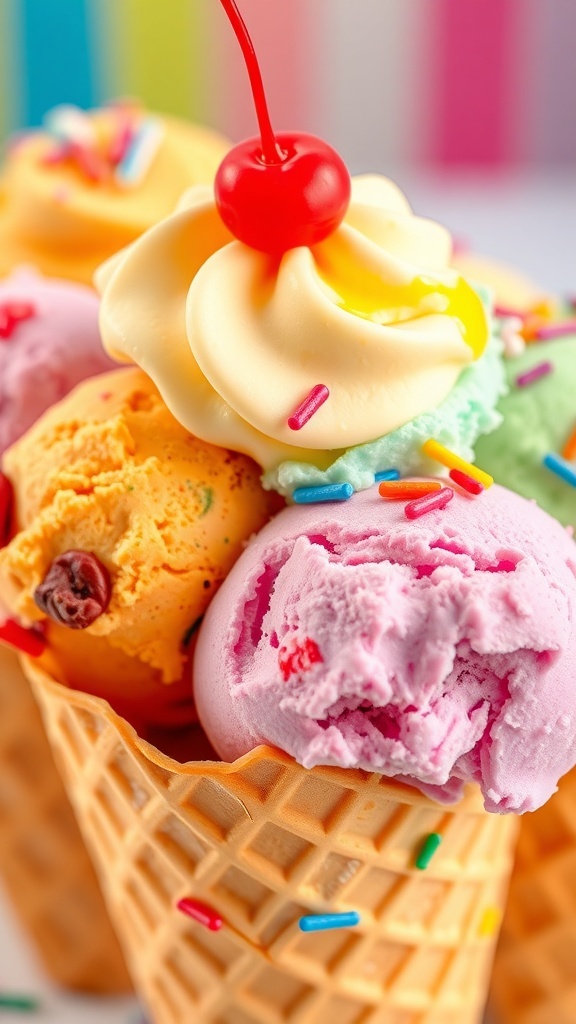 A vibrant ice cream cone with multiple scoops and toppings, symbolizing happiness.